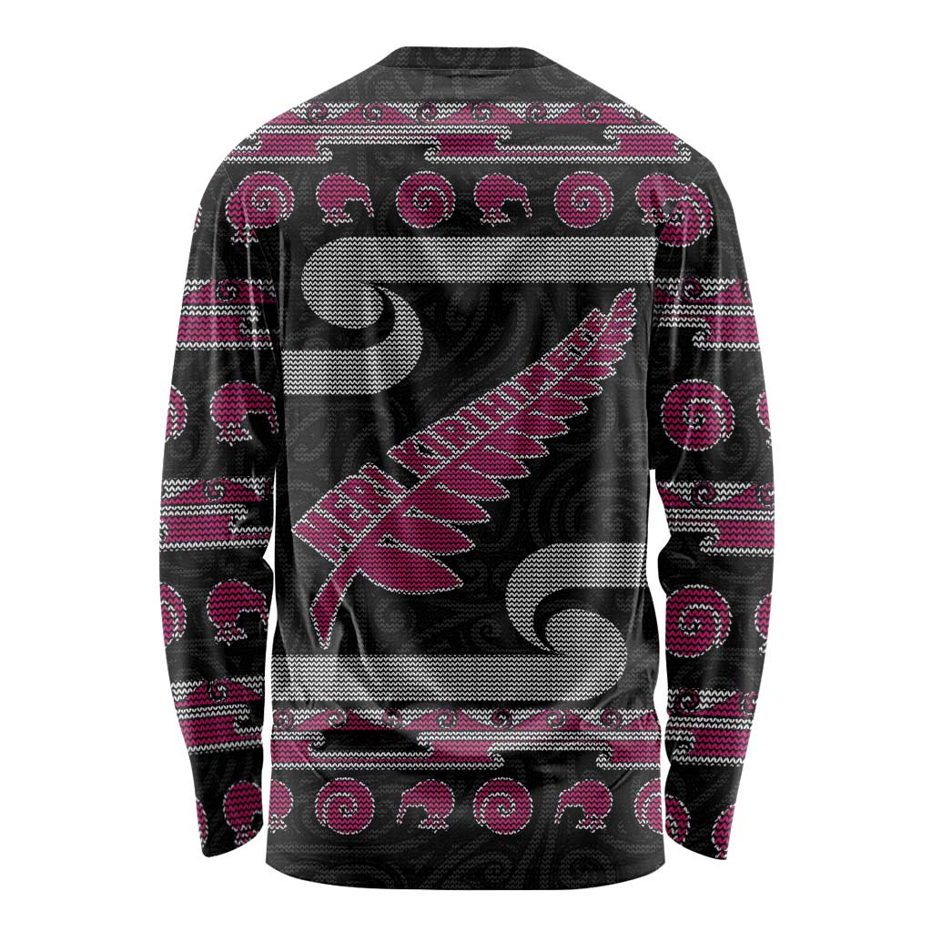 New Zealand Christmas Long Sleeve Shirt Meri Kirihimete Silver Fern Knit Style Pink Color LT03 - Polynesian Pride