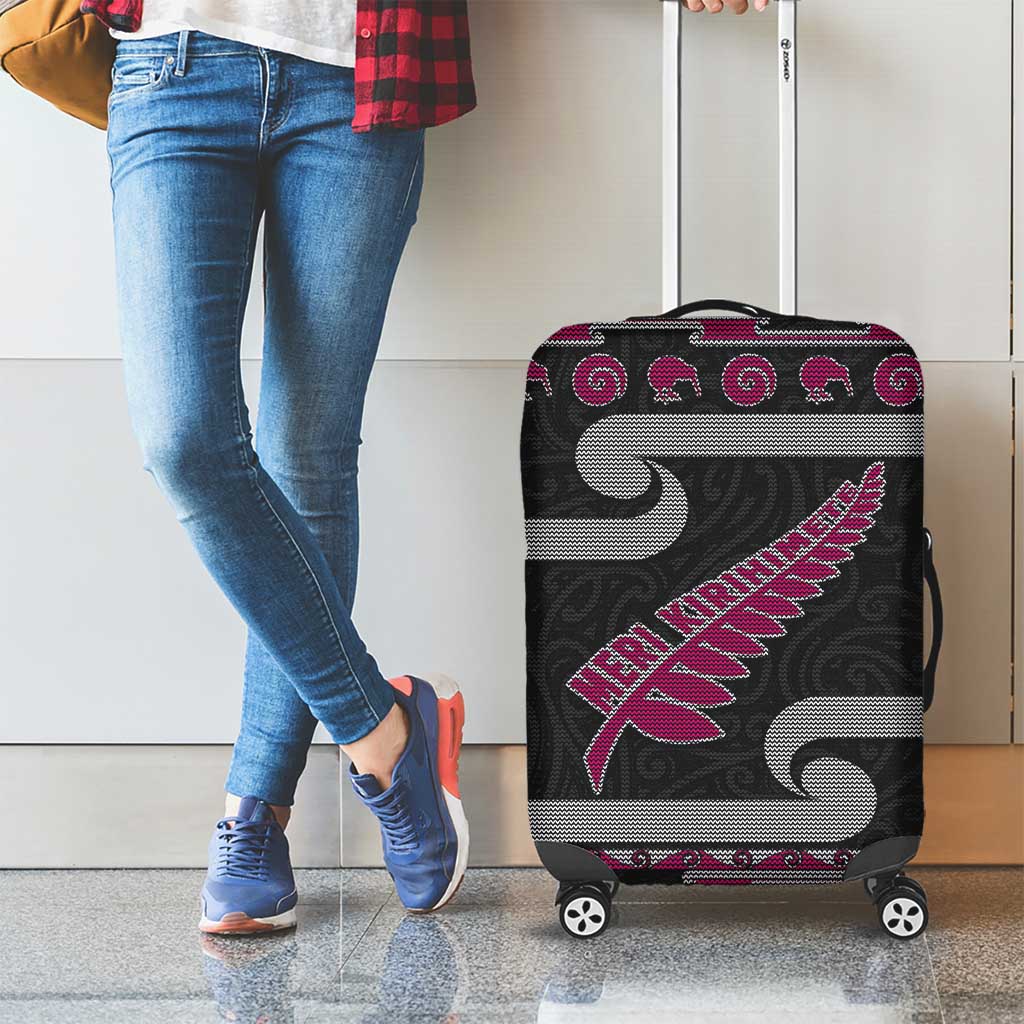 New Zealand Christmas Luggage Cover Meri Kirihimete Silver Fern Knit Style Pink Color - Polynesian Pride