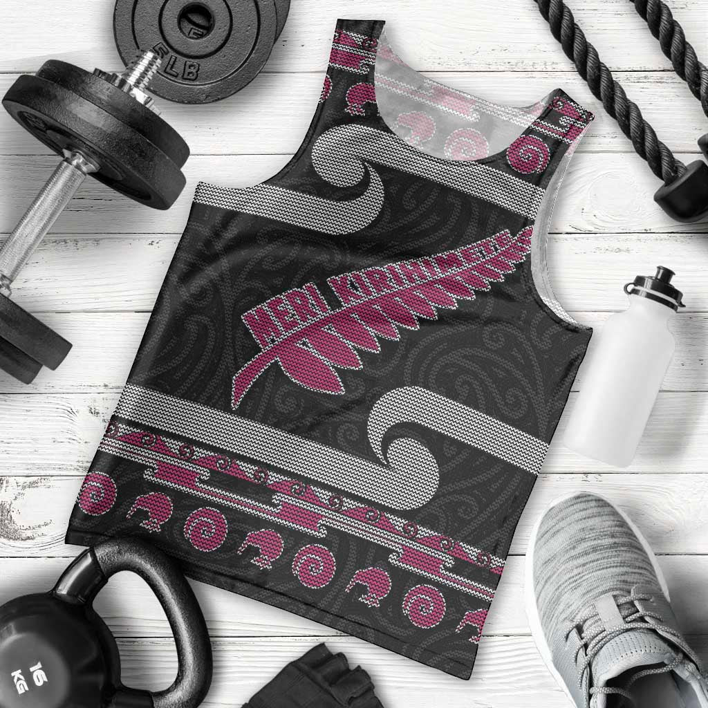 New Zealand Christmas Men Tank Top Meri Kirihimete Silver Fern Knit Style Pink Color LT03 - Polynesian Pride