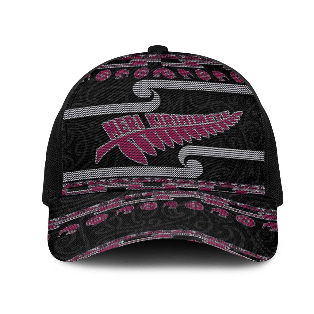 New Zealand Christmas Mesh Trucker Cap Meri Kirihimete Silver Fern Knit Style Pink Color LT03 One Size Black Pink - Polynesian Pride