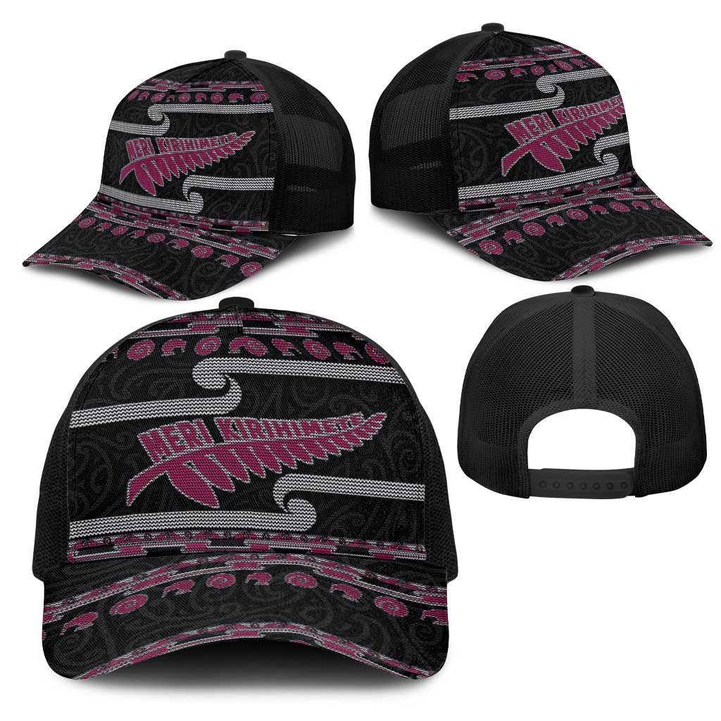 New Zealand Christmas Mesh Trucker Cap Meri Kirihimete Silver Fern Knit Style Pink Color LT03 - Polynesian Pride