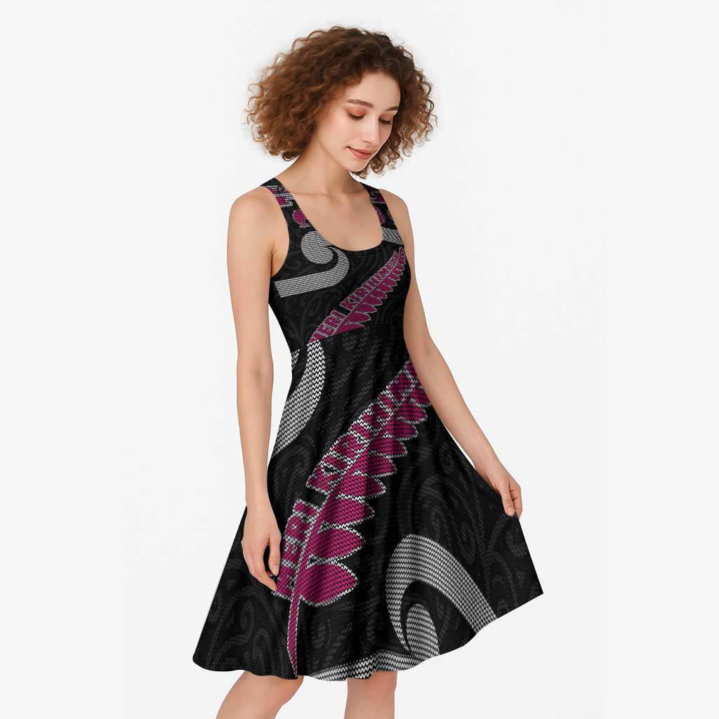 New Zealand Christmas Midi Dress Meri Kirihimete Silver Fern Knit Style Pink Color LT03 - Polynesian Pride