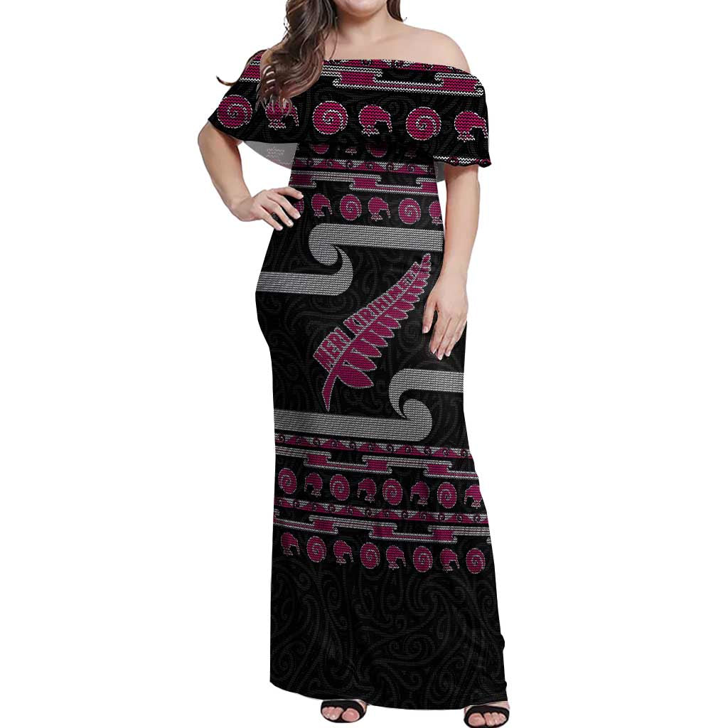 New Zealand Christmas Off Shoulder Maxi Dress Meri Kirihimete Silver Fern Knit Style Pink Color LT03 Women Pink - Polynesian Pride
