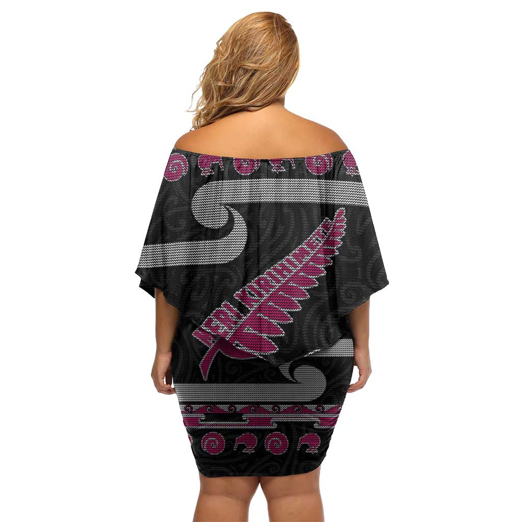 New Zealand Christmas Off Shoulder Short Dress Meri Kirihimete Silver Fern Knit Style Pink Color LT03 - Polynesian Pride