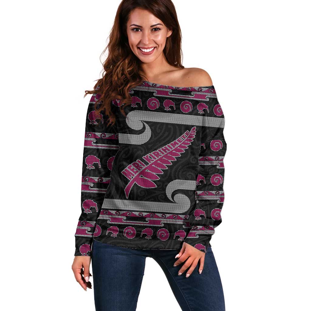 New Zealand Christmas Off Shoulder Sweater Meri Kirihimete Silver Fern Knit Style Pink Color - Polynesian Pride