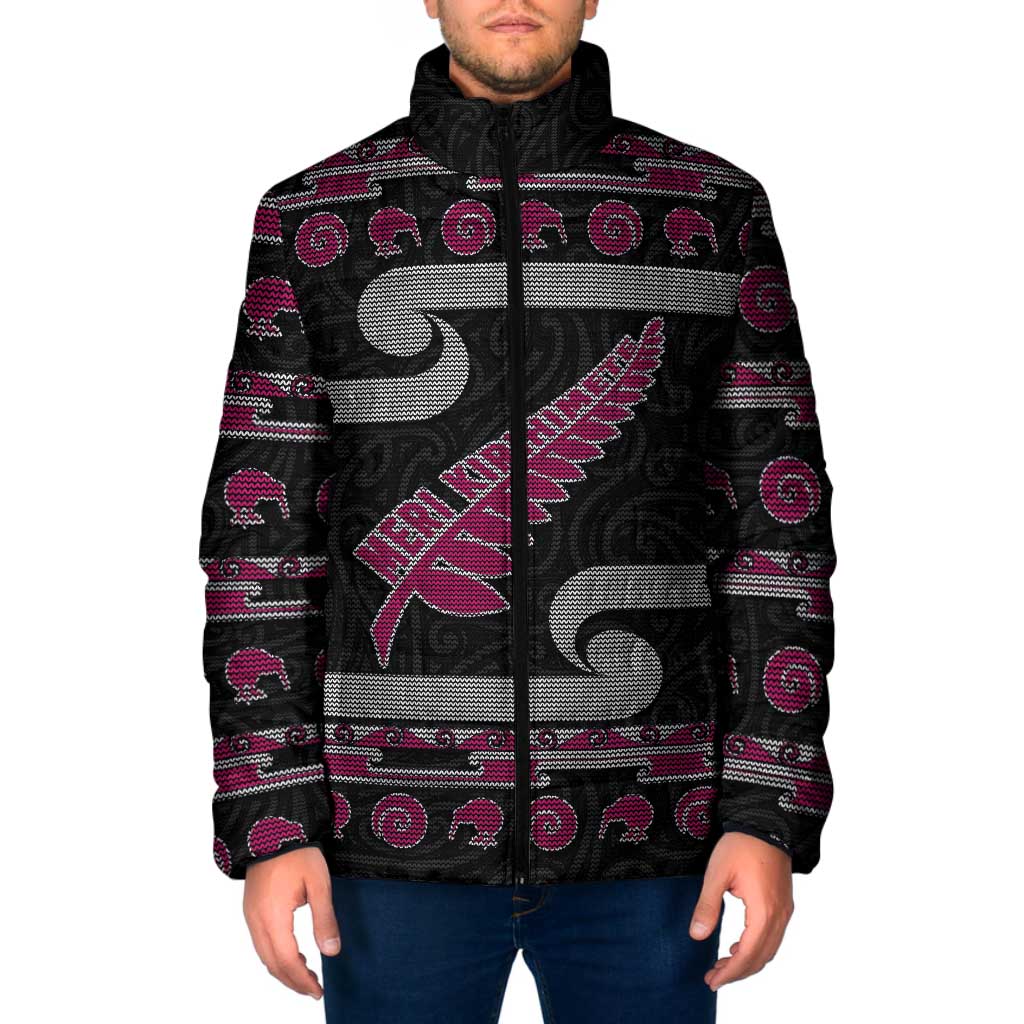 New Zealand Christmas Padded Jacket Meri Kirihimete Silver Fern Knit Style Pink Color LT03 Men Pink - Polynesian Pride