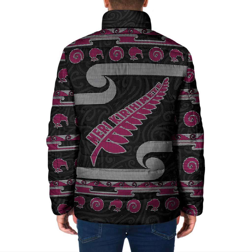 New Zealand Christmas Padded Jacket Meri Kirihimete Silver Fern Knit Style Pink Color LT03 - Polynesian Pride