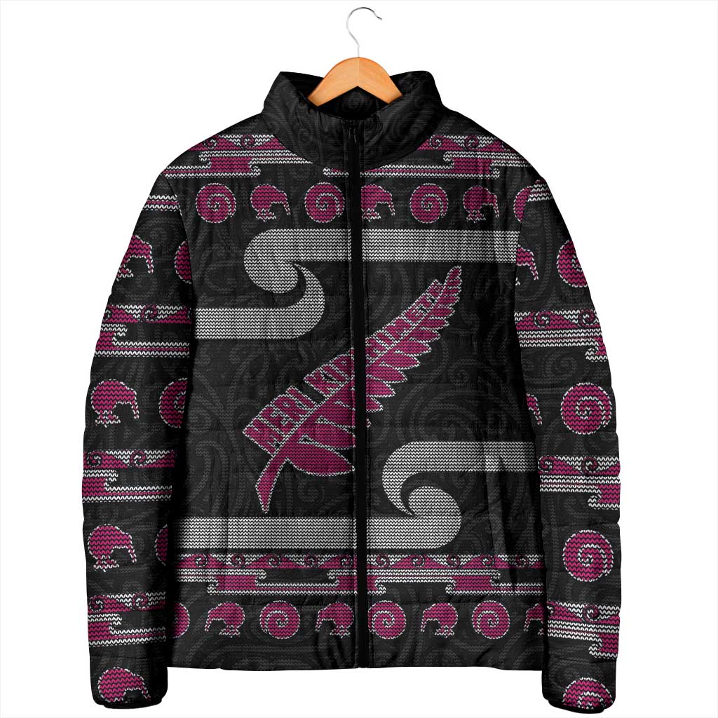 New Zealand Christmas Padded Jacket Meri Kirihimete Silver Fern Knit Style Pink Color LT03 - Polynesian Pride