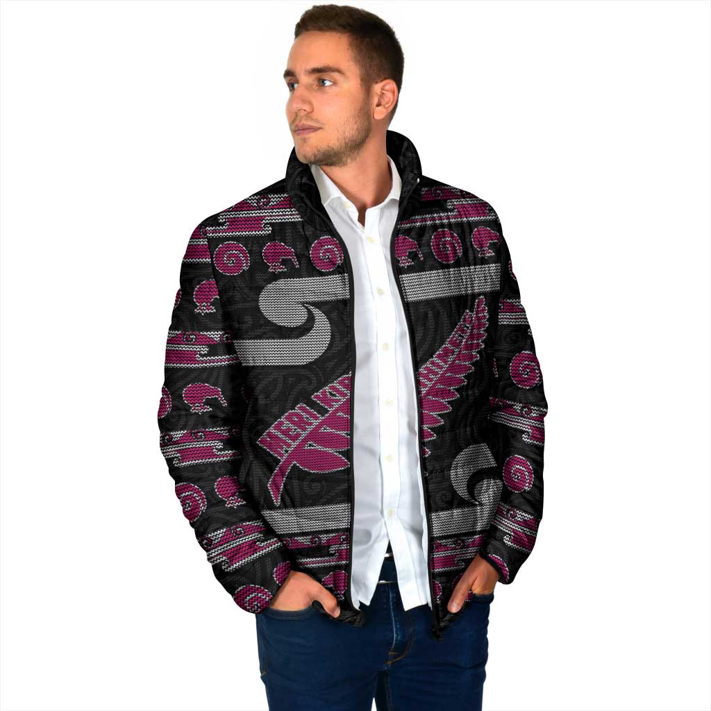 New Zealand Christmas Padded Jacket Meri Kirihimete Silver Fern Knit Style Pink Color LT03 - Polynesian Pride