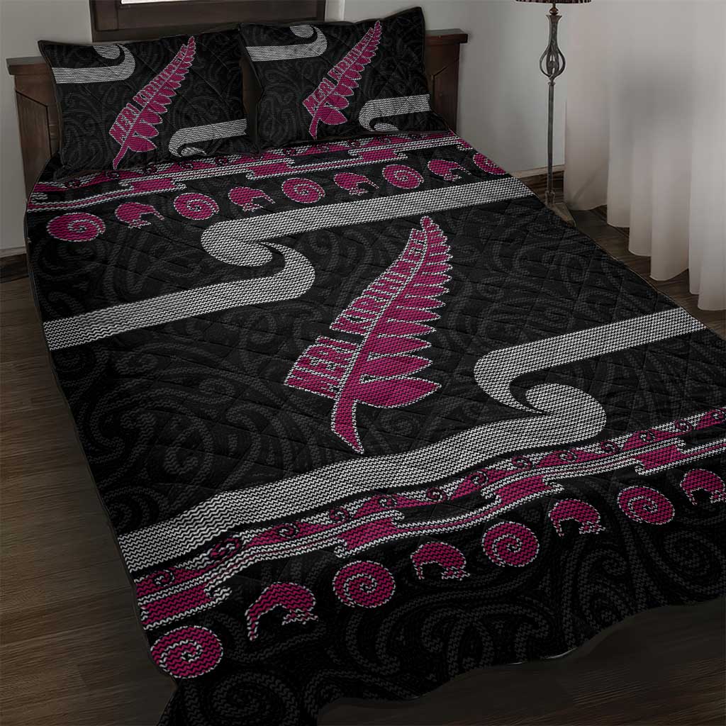 New Zealand Christmas Quilt Bed Set Meri Kirihimete Silver Fern Knit Style Pink Color LT03 Pink - Polynesian Pride