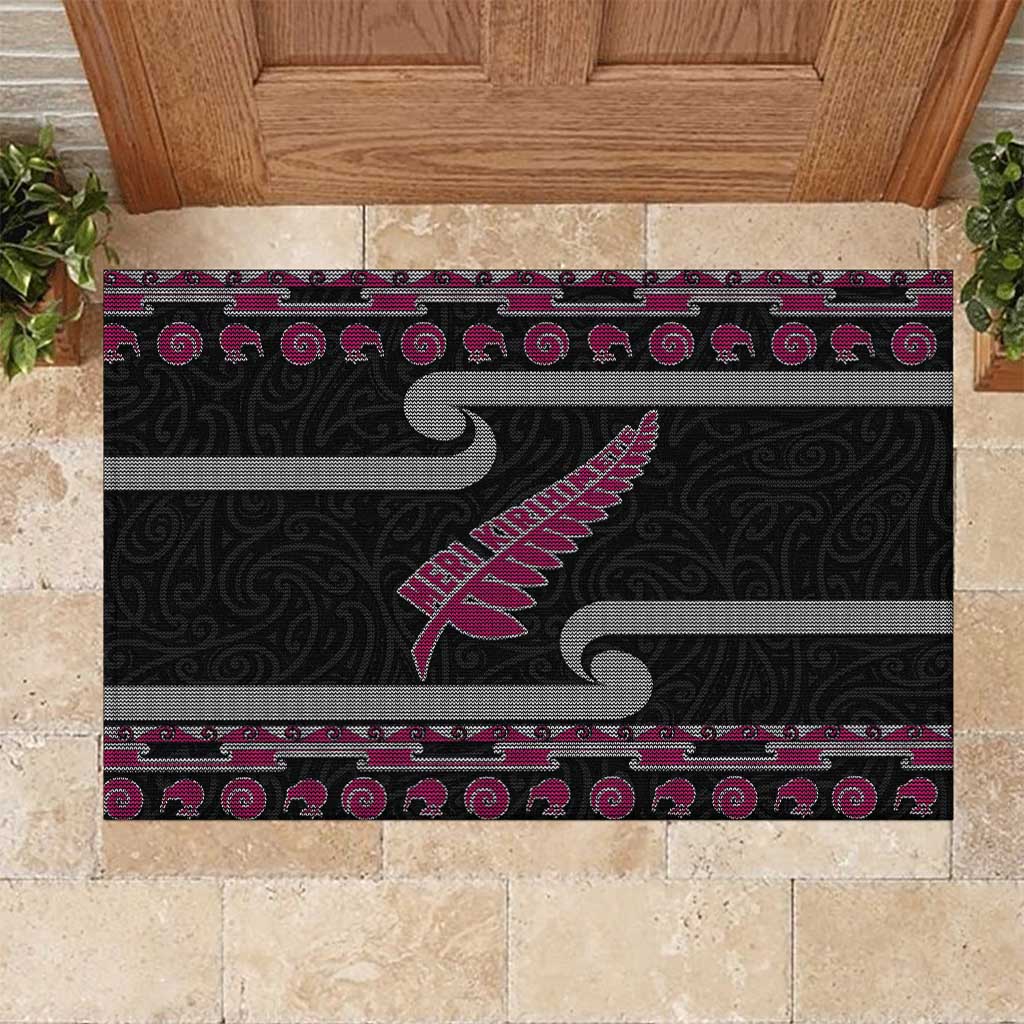 New Zealand Christmas Rubber Doormat Meri Kirihimete Silver Fern Knit Style Pink Color LT03 Pink - Polynesian Pride
