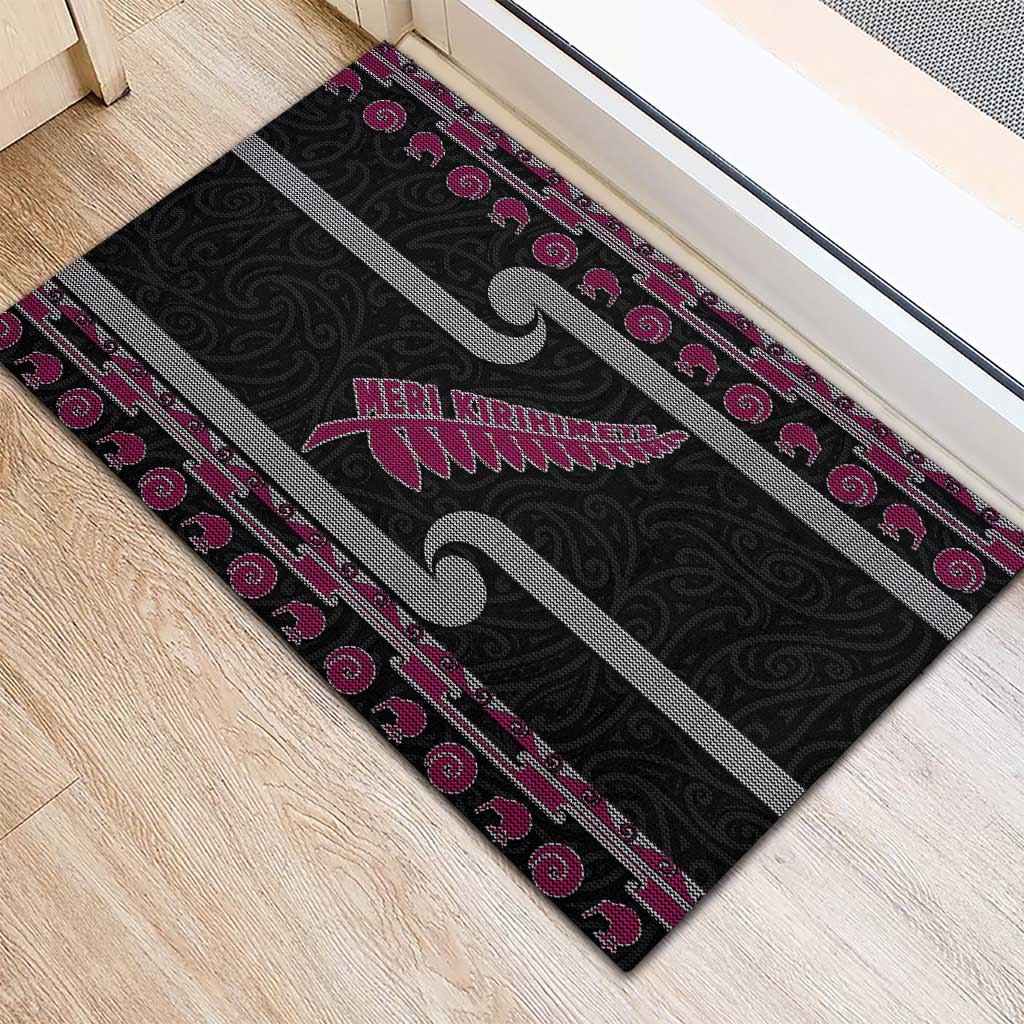 New Zealand Christmas Rubber Doormat Meri Kirihimete Silver Fern Knit Style Pink Color LT03 - Polynesian Pride