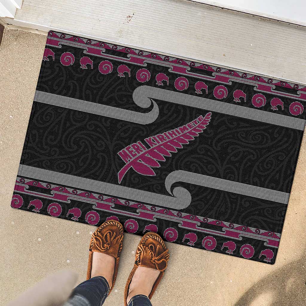 New Zealand Christmas Rubber Doormat Meri Kirihimete Silver Fern Knit Style Pink Color LT03 - Polynesian Pride