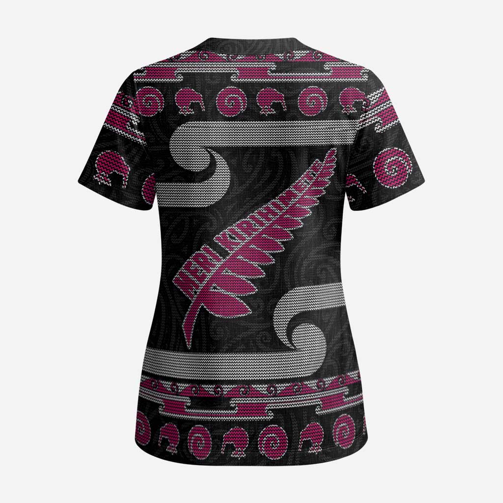 New Zealand Christmas Scrub Top Meri Kirihimete Silver Fern Knit Style Pink Color LT03 - Polynesian Pride