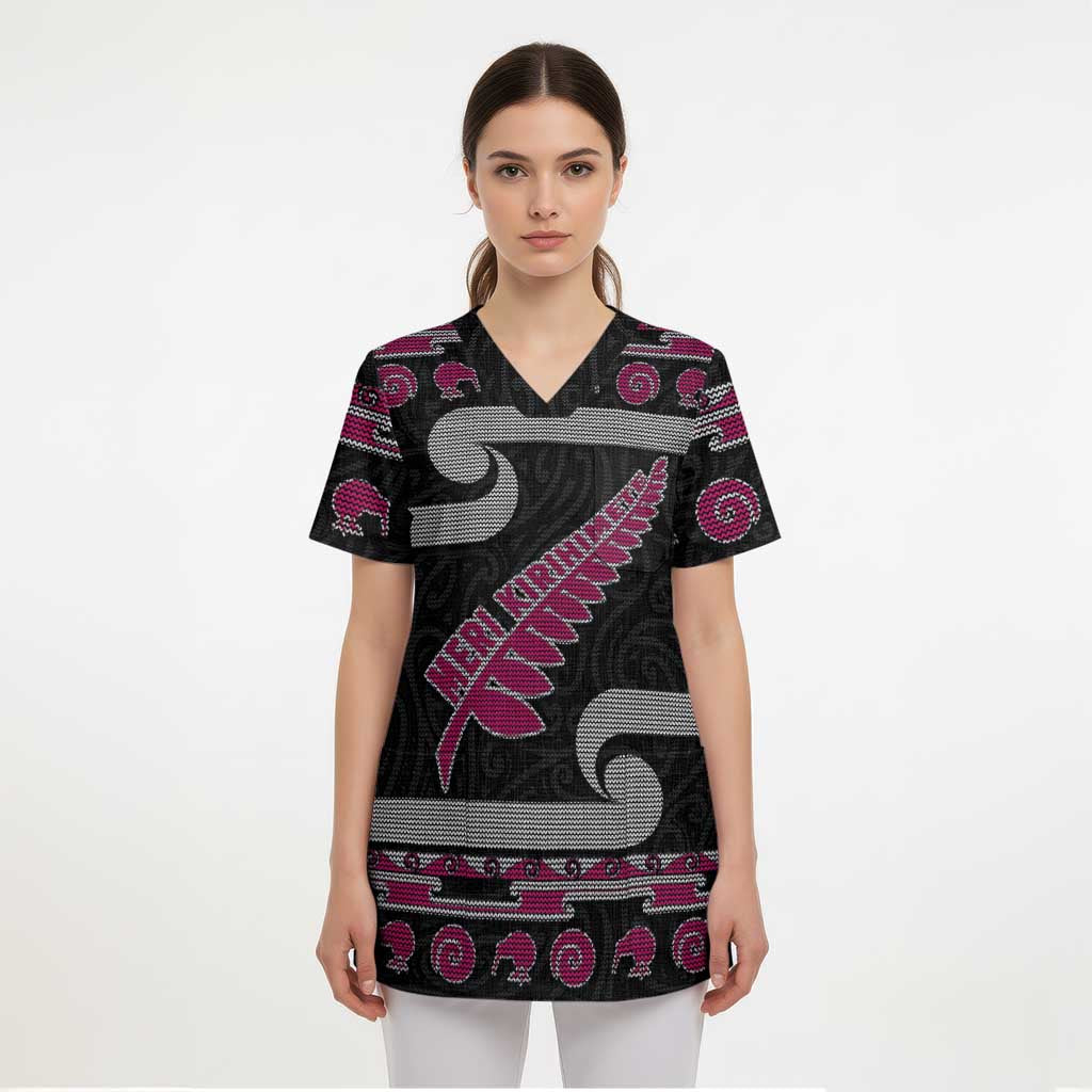 New Zealand Christmas Scrub Top Meri Kirihimete Silver Fern Knit Style Pink Color LT03 - Polynesian Pride