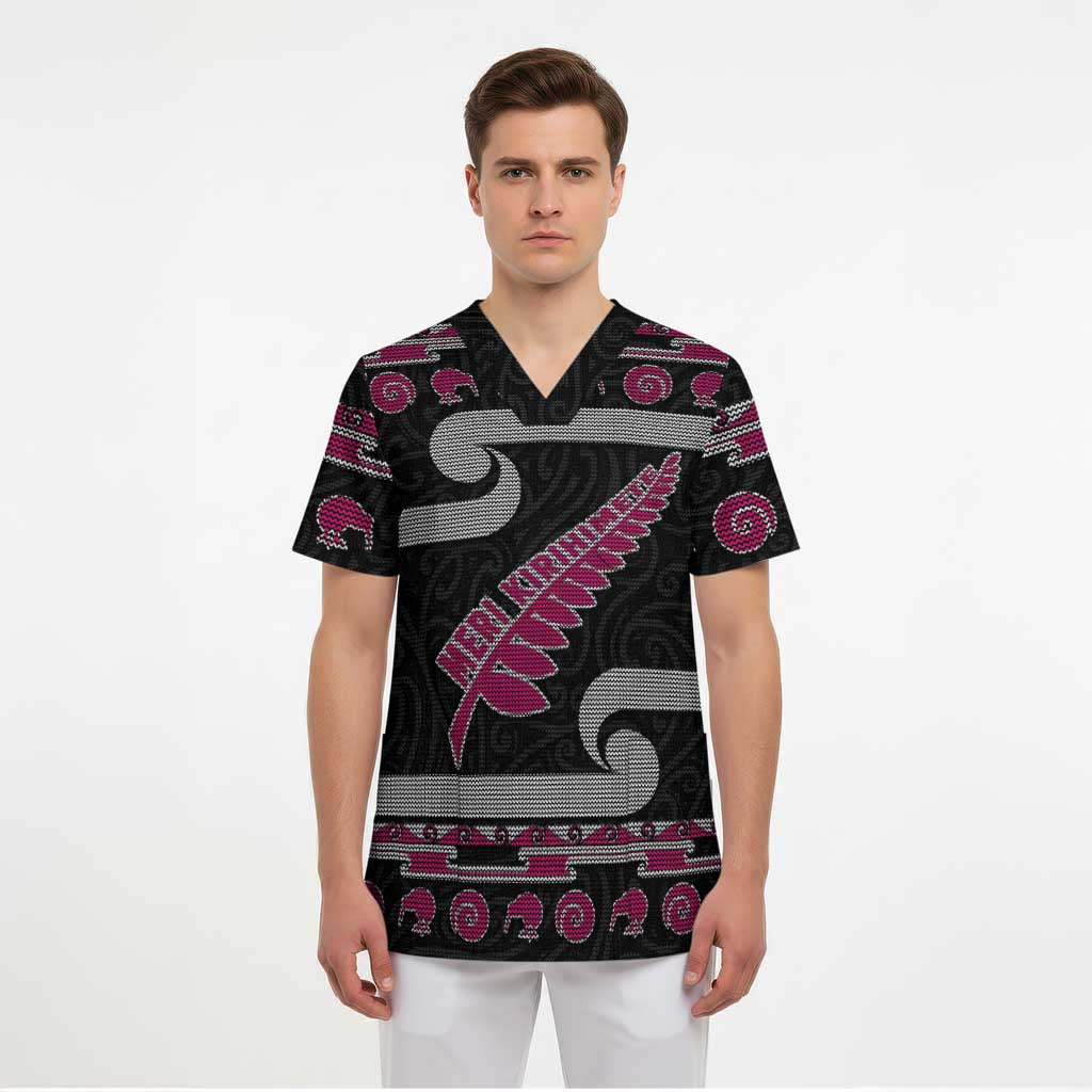 New Zealand Christmas Scrub Top Meri Kirihimete Silver Fern Knit Style Pink Color LT03 - Polynesian Pride