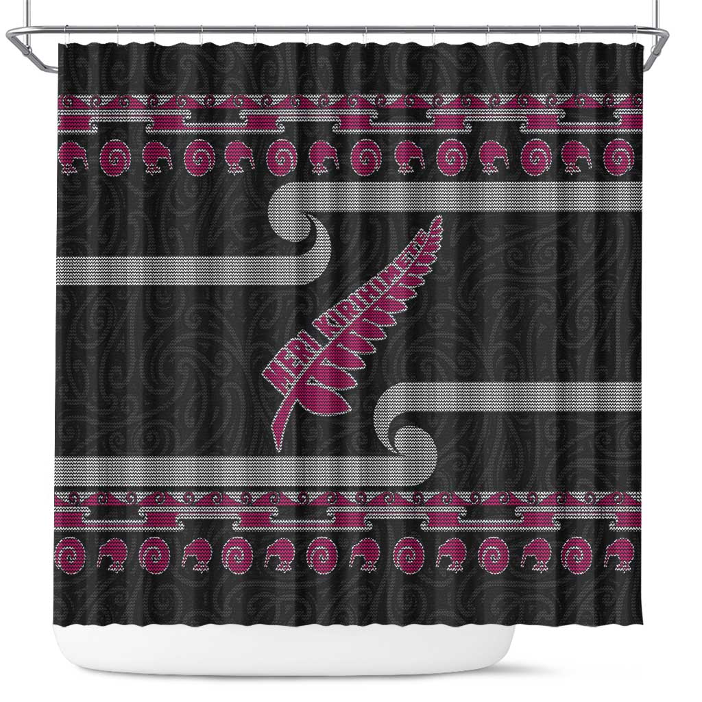 New Zealand Christmas Shower Curtain Meri Kirihimete Silver Fern Knit Style Pink Color LT03 Pink - Polynesian Pride