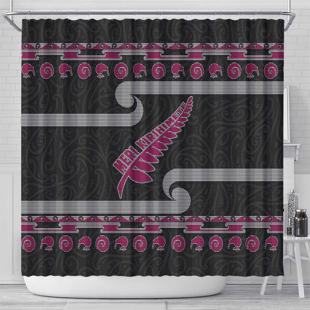 New Zealand Christmas Shower Curtain Meri Kirihimete Silver Fern Knit Style Pink Color LT03 - Polynesian Pride