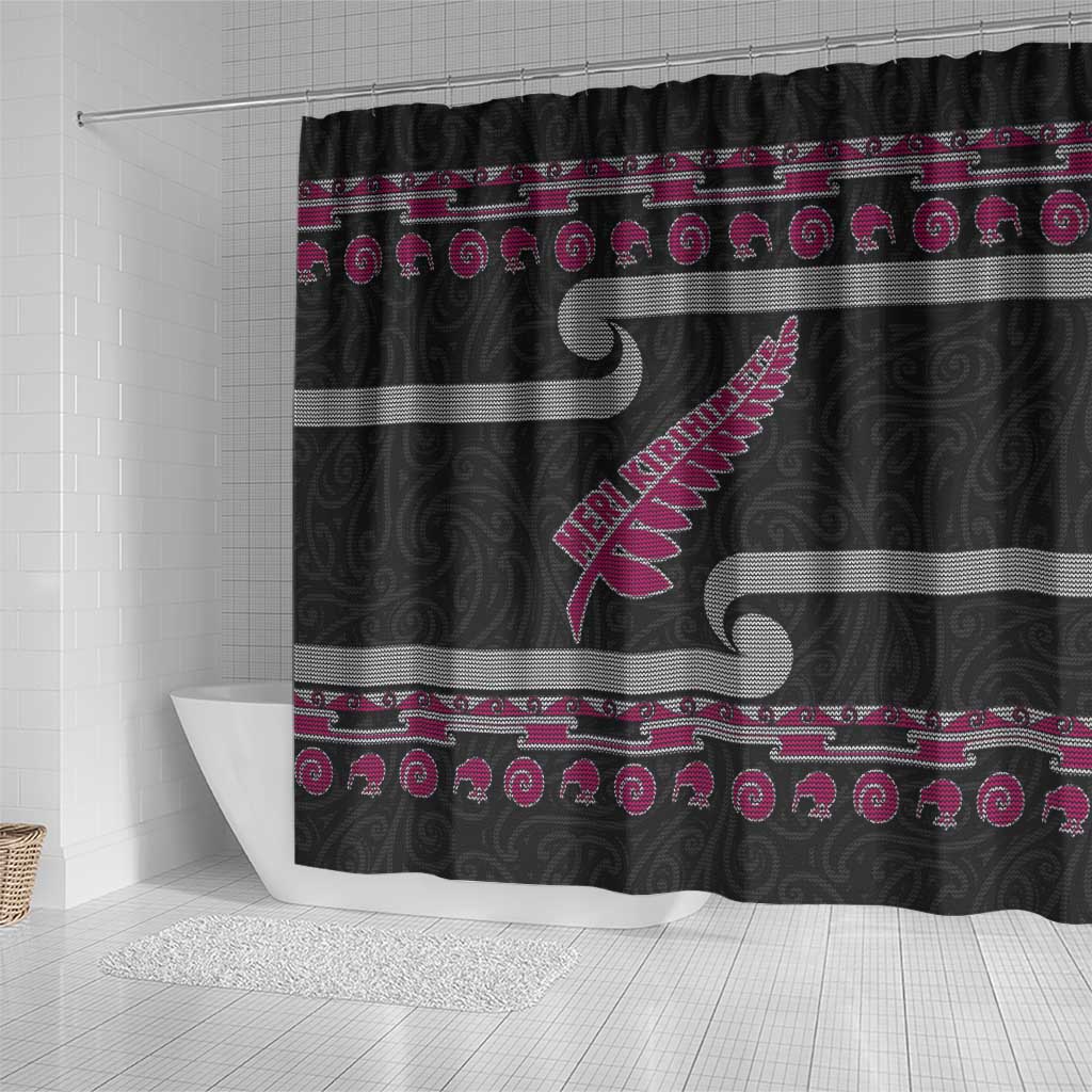 New Zealand Christmas Shower Curtain Meri Kirihimete Silver Fern Knit Style Pink Color LT03 - Polynesian Pride
