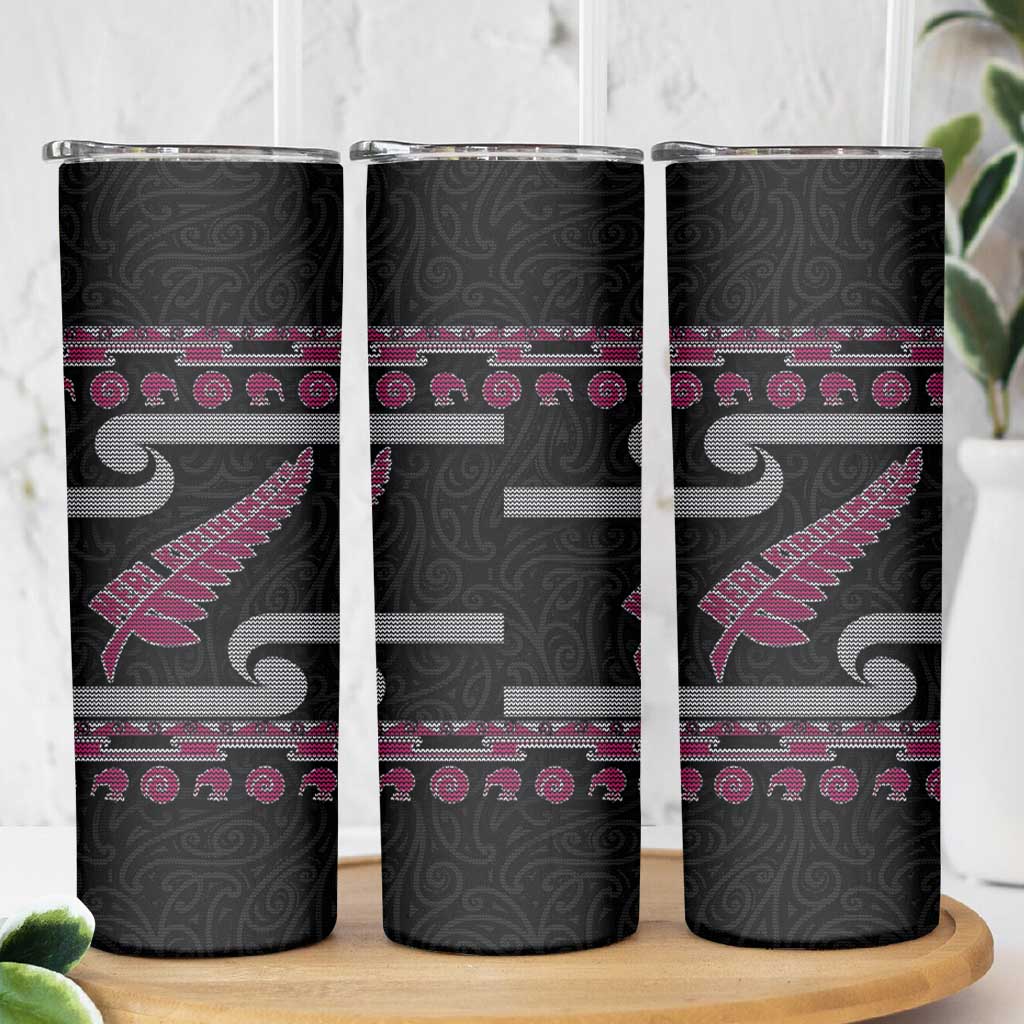 New Zealand Christmas Skinny Tumbler Meri Kirihimete Silver Fern Knit Style Pink Color LT03 - Polynesian Pride