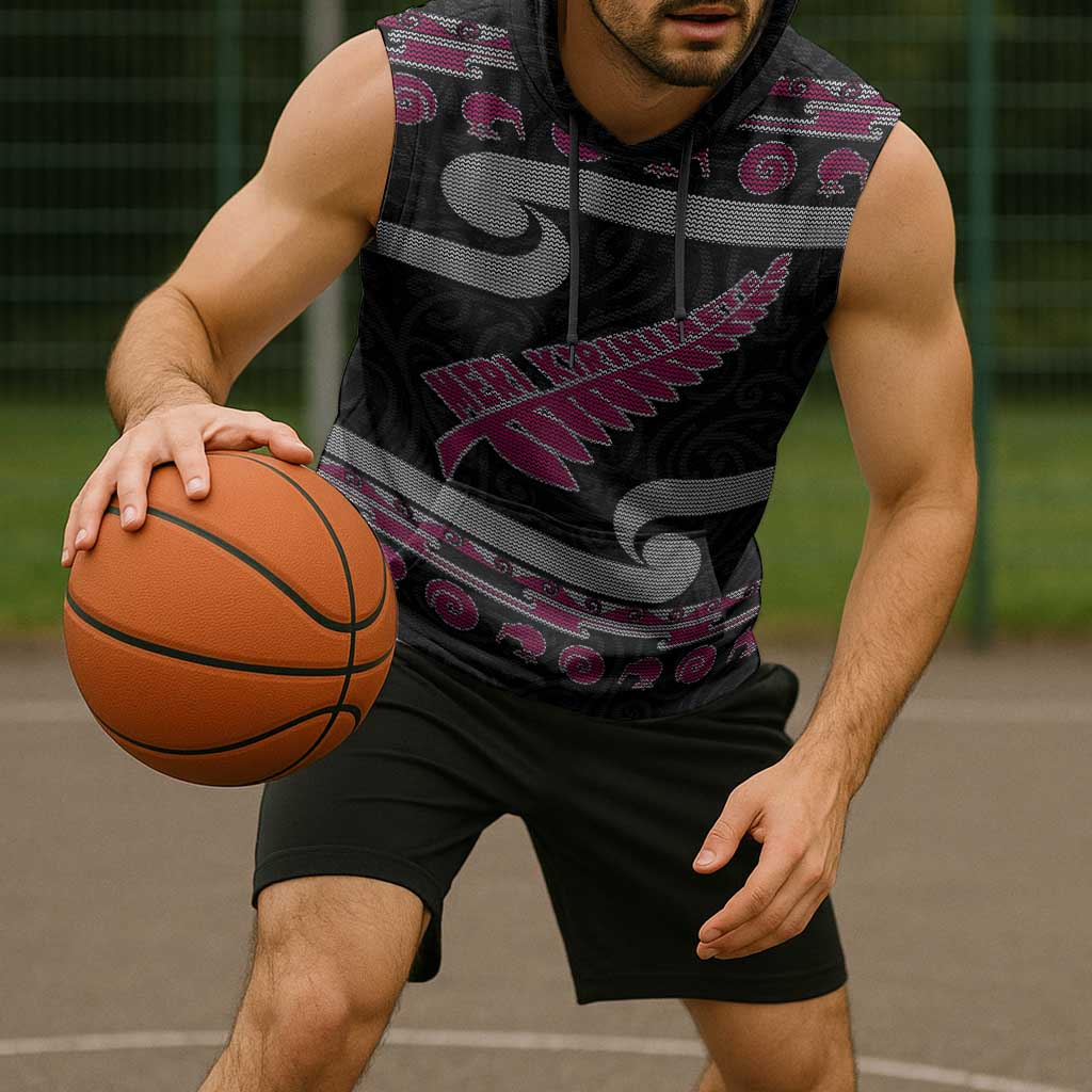 New Zealand Christmas Sleeveless Hoodie Meri Kirihimete Silver Fern Knit Style Pink Color LT03 - Polynesian Pride