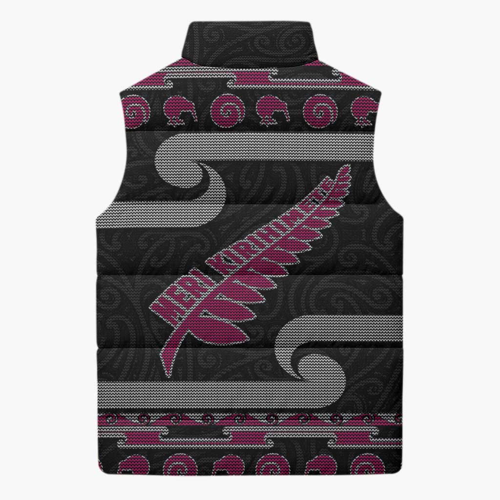 New Zealand Christmas Sleeveless Puffer Jacket Meri Kirihimete Silver Fern Knit Style Pink Color LT03 - Polynesian Pride