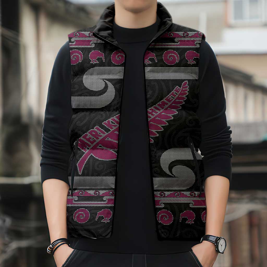 New Zealand Christmas Sleeveless Puffer Jacket Meri Kirihimete Silver Fern Knit Style Pink Color LT03 - Polynesian Pride