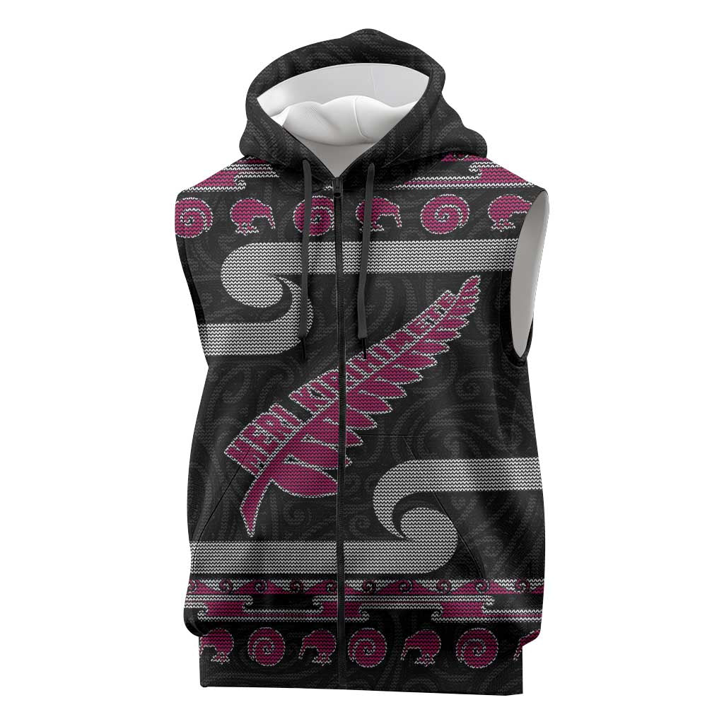 New Zealand Christmas Sleeveless Zip Hoodie Meri Kirihimete Silver Fern Knit Style Pink Color LT03 Pink - Polynesian Pride