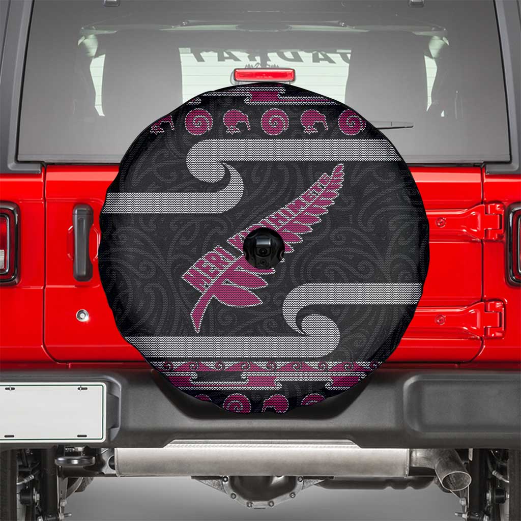 New Zealand Christmas Spare Tire Cover Meri Kirihimete Silver Fern Knit Style Pink Color LT03 - Polynesian Pride