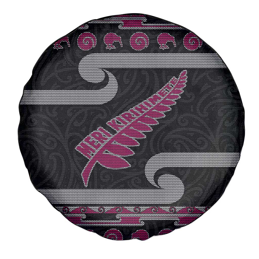 New Zealand Christmas Spare Tire Cover Meri Kirihimete Silver Fern Knit Style Pink Color LT03 - Polynesian Pride