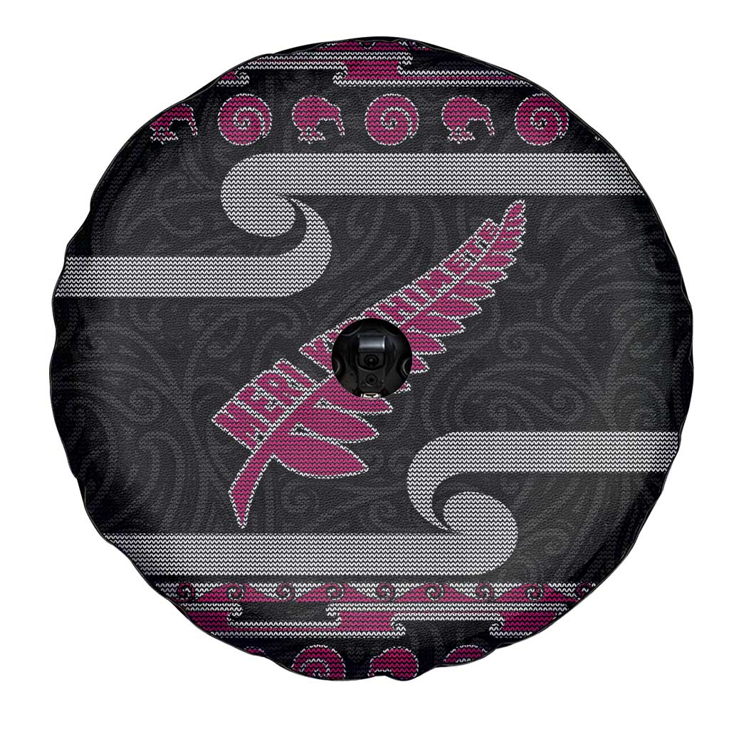 New Zealand Christmas Spare Tire Cover Meri Kirihimete Silver Fern Knit Style Pink Color LT03 - Polynesian Pride