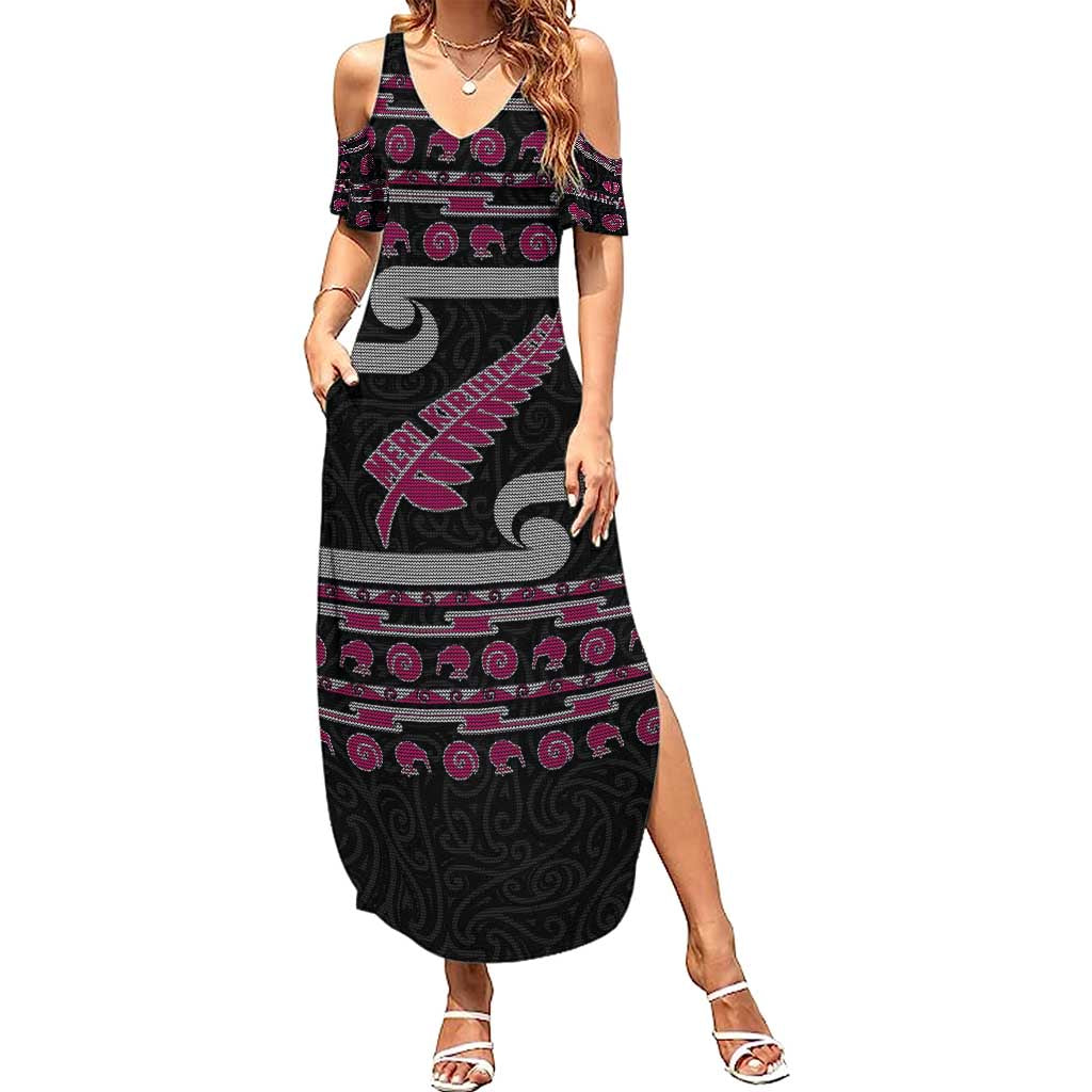 New Zealand Christmas Summer Maxi Dress Meri Kirihimete Silver Fern Knit Style Pink Color LT03 Women Pink - Polynesian Pride
