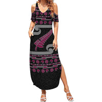 New Zealand Christmas Summer Maxi Dress Meri Kirihimete Silver Fern Knit Style Pink Color LT03 Women Pink - Polynesian Pride