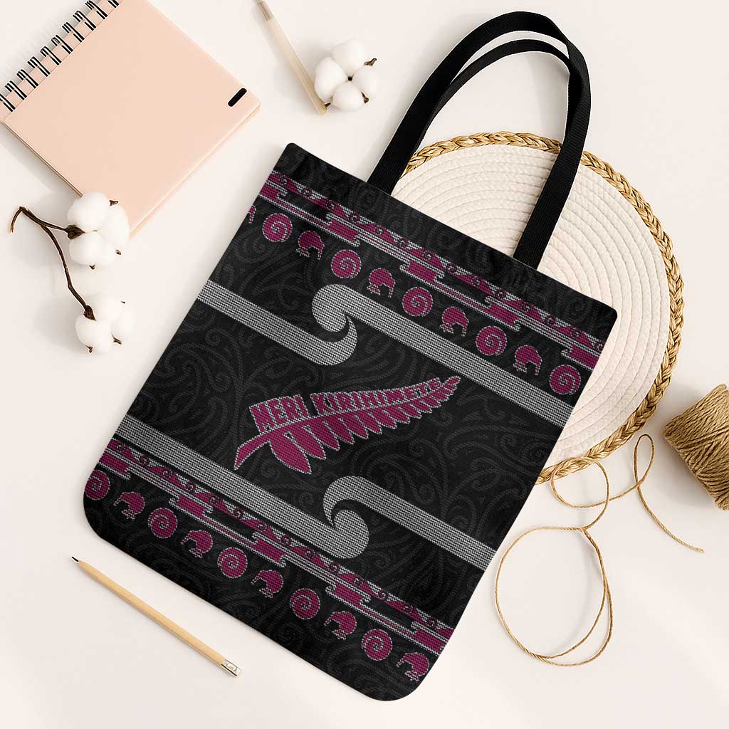 New Zealand Christmas Tote Bag Meri Kirihimete Silver Fern Knit Style Pink Color LT03 Black Strap One Size Pink - Polynesian Pride