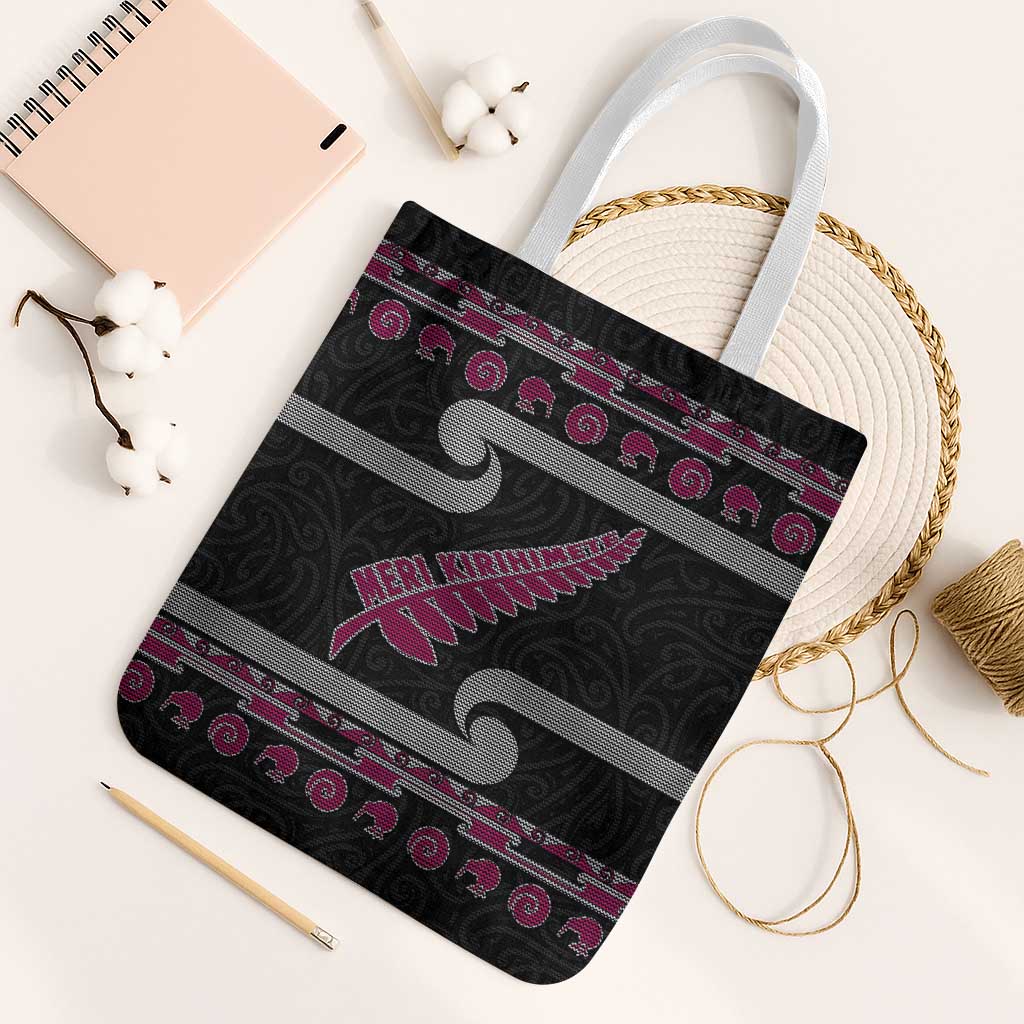 New Zealand Christmas Tote Bag Meri Kirihimete Silver Fern Knit Style Pink Color LT03 White Strap One Size Pink - Polynesian Pride