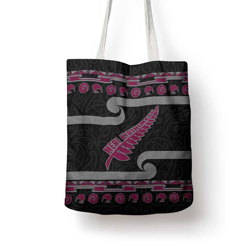 New Zealand Christmas Tote Bag Meri Kirihimete Silver Fern Knit Style Pink Color LT03 - Polynesian Pride