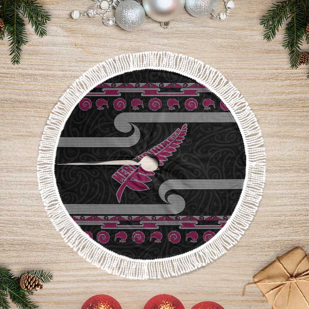 New Zealand Christmas Tree Skirt Meri Kirihimete Silver Fern Knit Style Pink Color LT03 Fringed Pink - Polynesian Pride