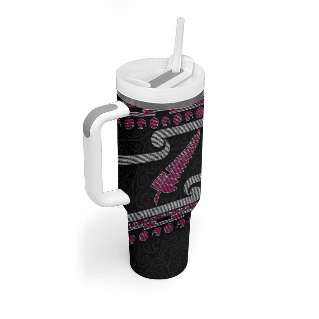 New Zealand Christmas Tumbler With Handle Meri Kirihimete Silver Fern Knit Style Pink Color LT03 - Polynesian Pride