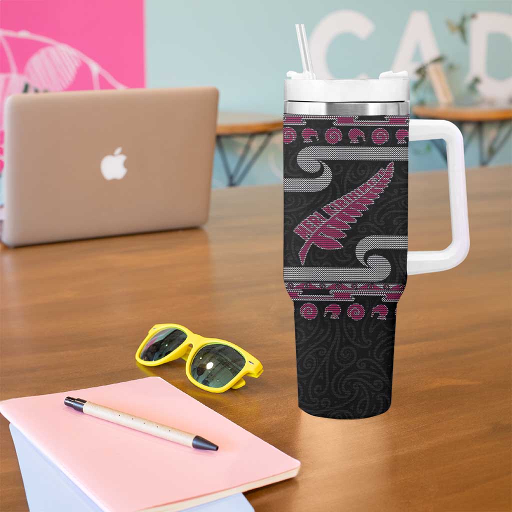New Zealand Christmas Tumbler With Handle Meri Kirihimete Silver Fern Knit Style Pink Color LT03 - Polynesian Pride