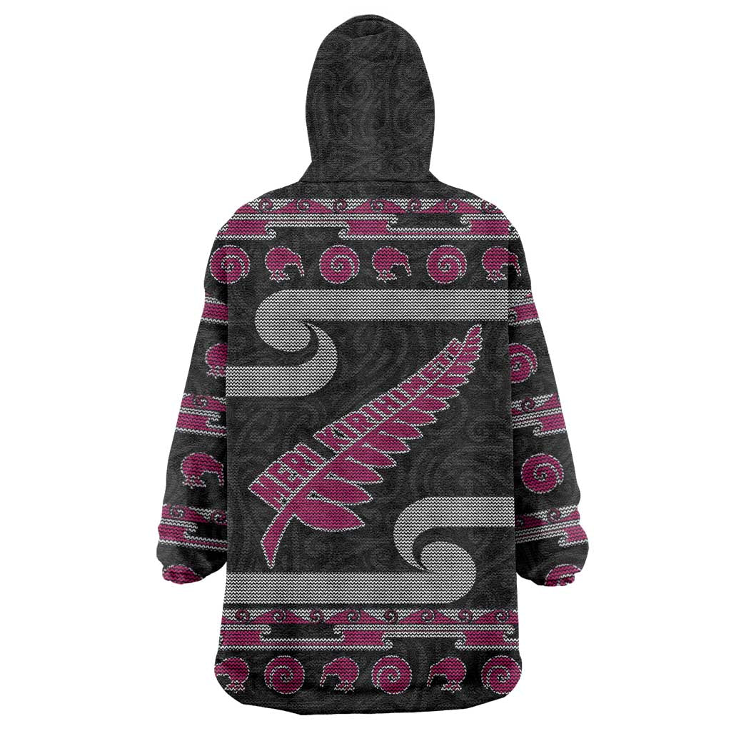 New Zealand Christmas Wearable Blanket Hoodie Meri Kirihimete Silver Fern Knit Style Pink Color LT03 - Polynesian Pride