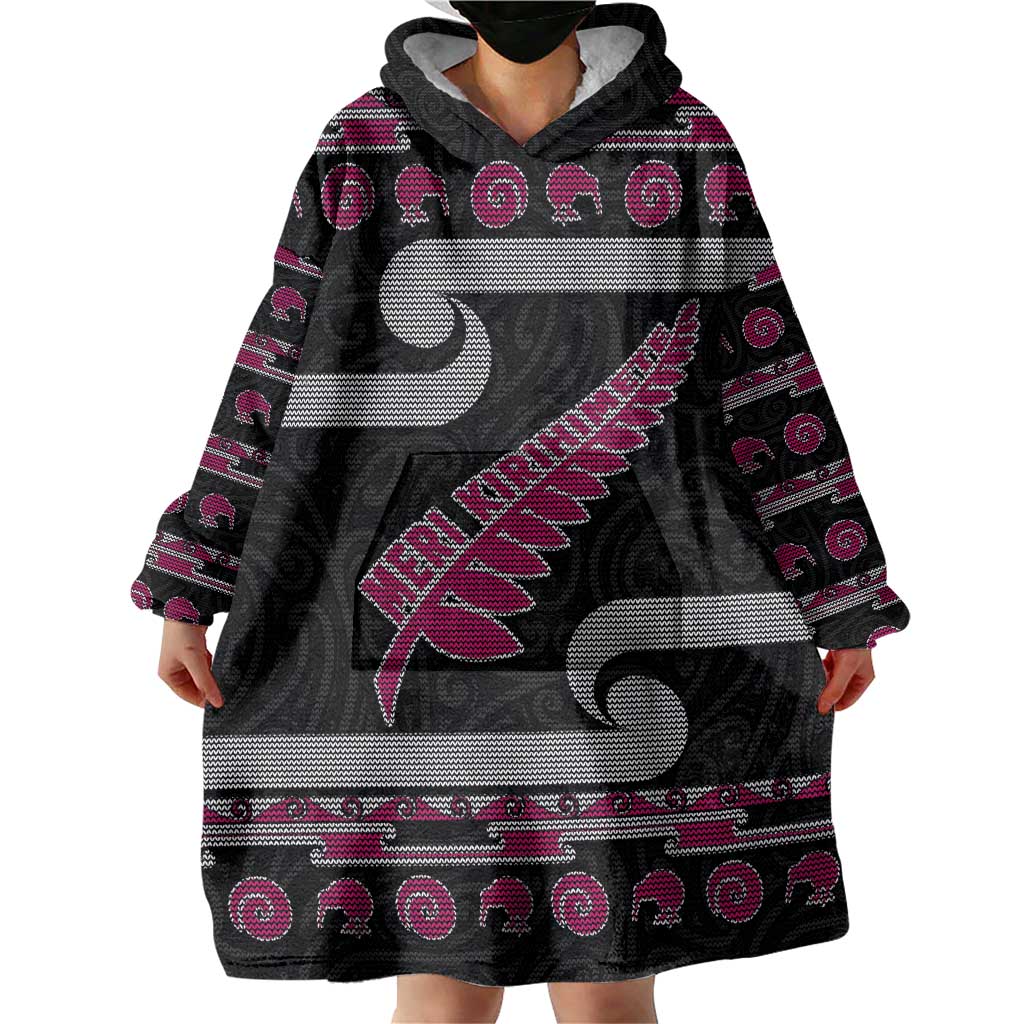 New Zealand Christmas Wearable Blanket Hoodie Meri Kirihimete Silver Fern Knit Style Pink Color LT03 - Polynesian Pride