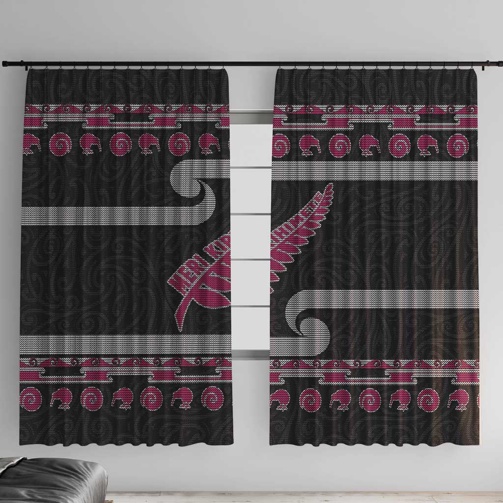 New Zealand Christmas Window Curtain Meri Kirihimete Silver Fern Knit Style Pink Color LT03 With Hooks Pink - Polynesian Pride