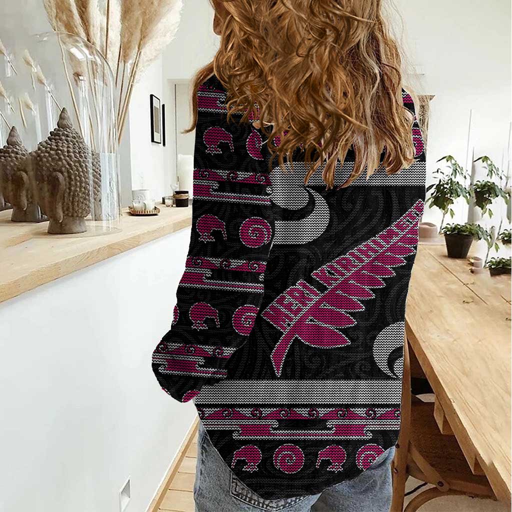 New Zealand Christmas Women Casual Shirt Meri Kirihimete Silver Fern Knit Style Pink Color - Polynesian Pride
