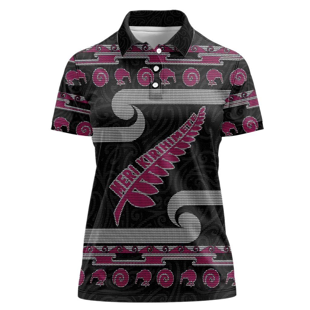 New Zealand Christmas Women Polo Shirt Meri Kirihimete Silver Fern Knit Style Pink Color - Polynesian Pride