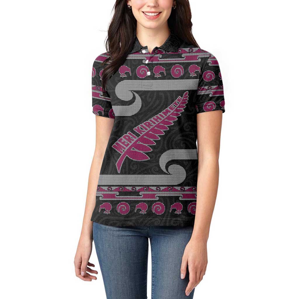New Zealand Christmas Women Polo Shirt Meri Kirihimete Silver Fern Knit Style Pink Color - Polynesian Pride
