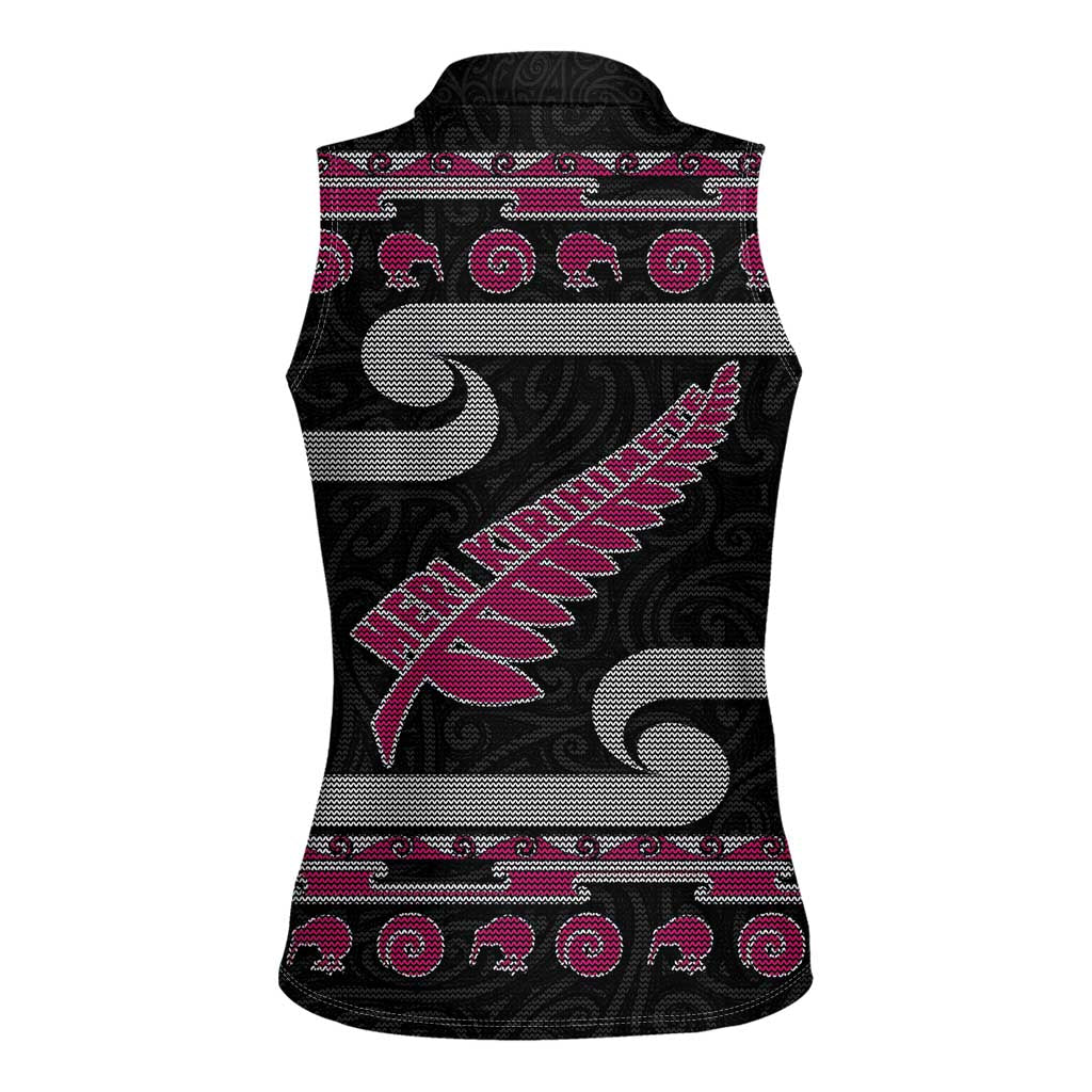 New Zealand Christmas Women Sleeveless Polo Shirt Meri Kirihimete Silver Fern Knit Style Pink Color LT03 - Polynesian Pride