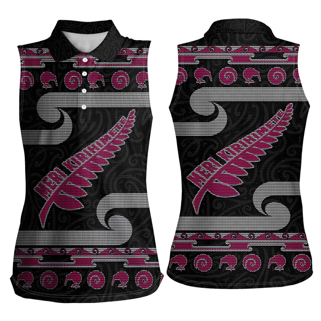 New Zealand Christmas Women Sleeveless Polo Shirt Meri Kirihimete Silver Fern Knit Style Pink Color LT03 - Polynesian Pride