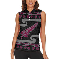 New Zealand Christmas Women Sleeveless Polo Shirt Meri Kirihimete Silver Fern Knit Style Pink Color LT03 - Polynesian Pride