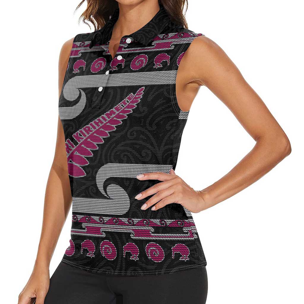 New Zealand Christmas Women Sleeveless Polo Shirt Meri Kirihimete Silver Fern Knit Style Pink Color LT03 - Polynesian Pride