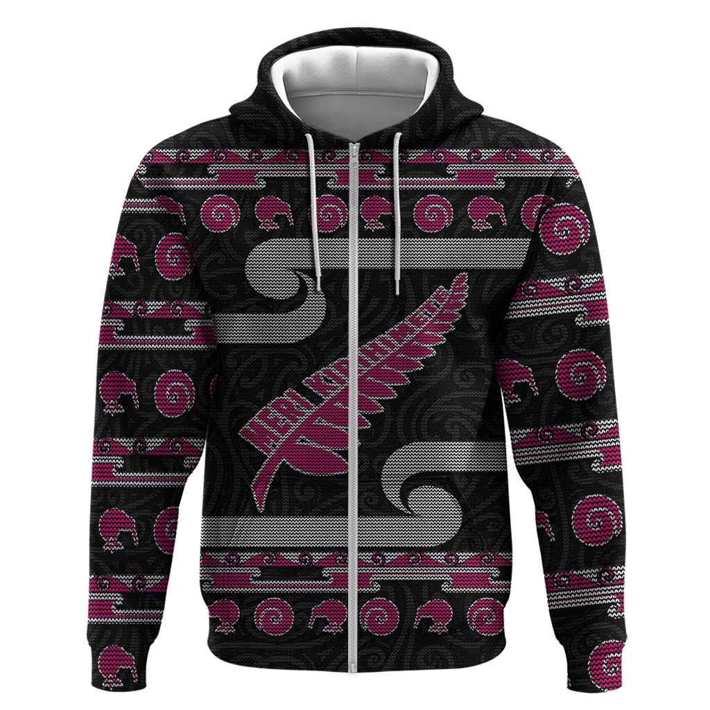 New Zealand Christmas Zip Hoodie Meri Kirihimete Silver Fern Knit Style Pink Color LT03 Zip Hoodie Pink - Polynesian Pride